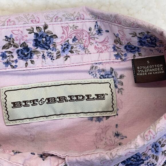 Bit & Bridle women’s western shirt pearl snap buttons sm boho pink blue floral - Picture 3 of 8